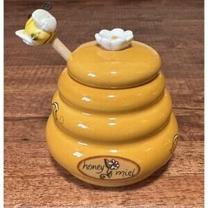 HONEY MIEL CERAMIC HONEY POT JAR WITH LID AND WOODEN HONEY STICK